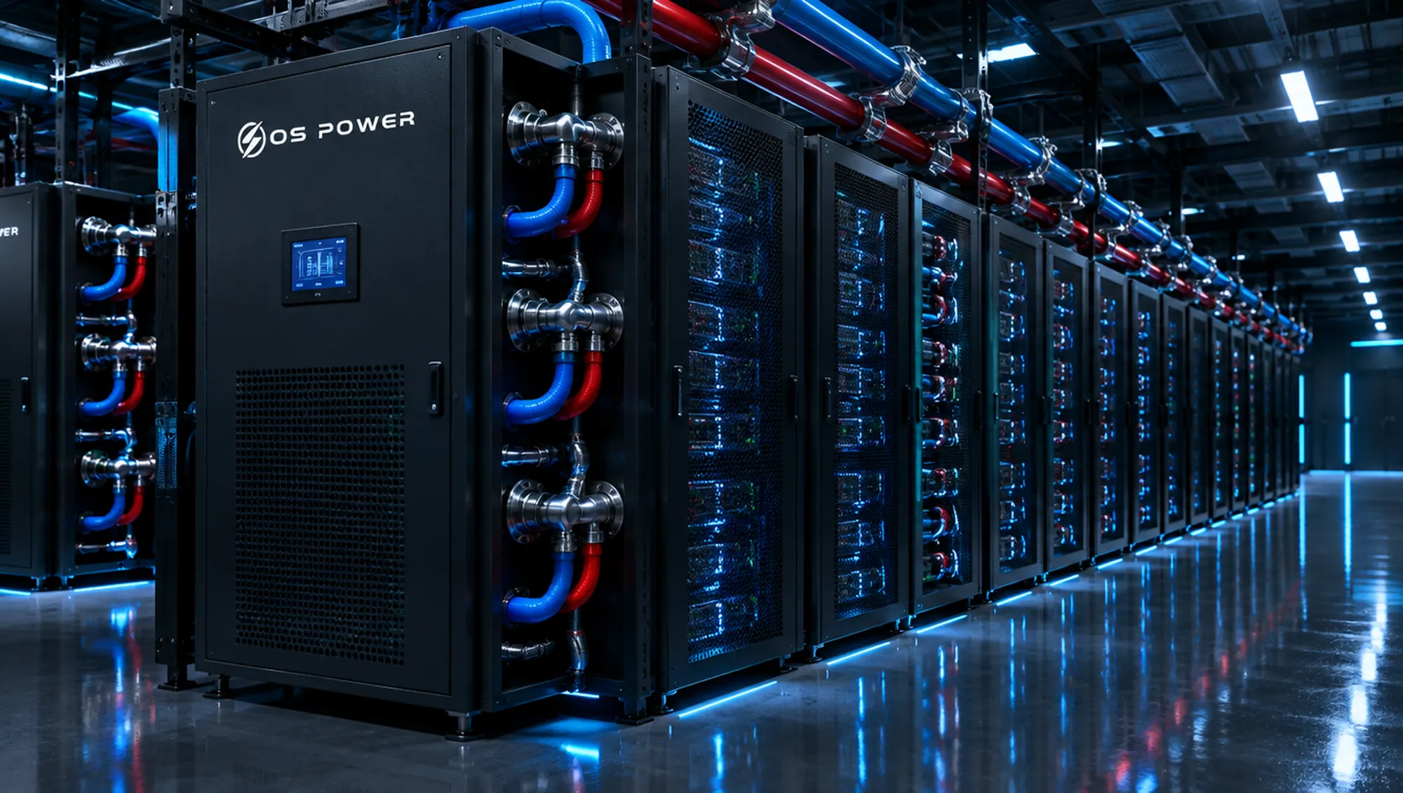 Иллюстрация: зал ИИ-ЦОД OS Power с жидкостным охлаждением стоек GPU