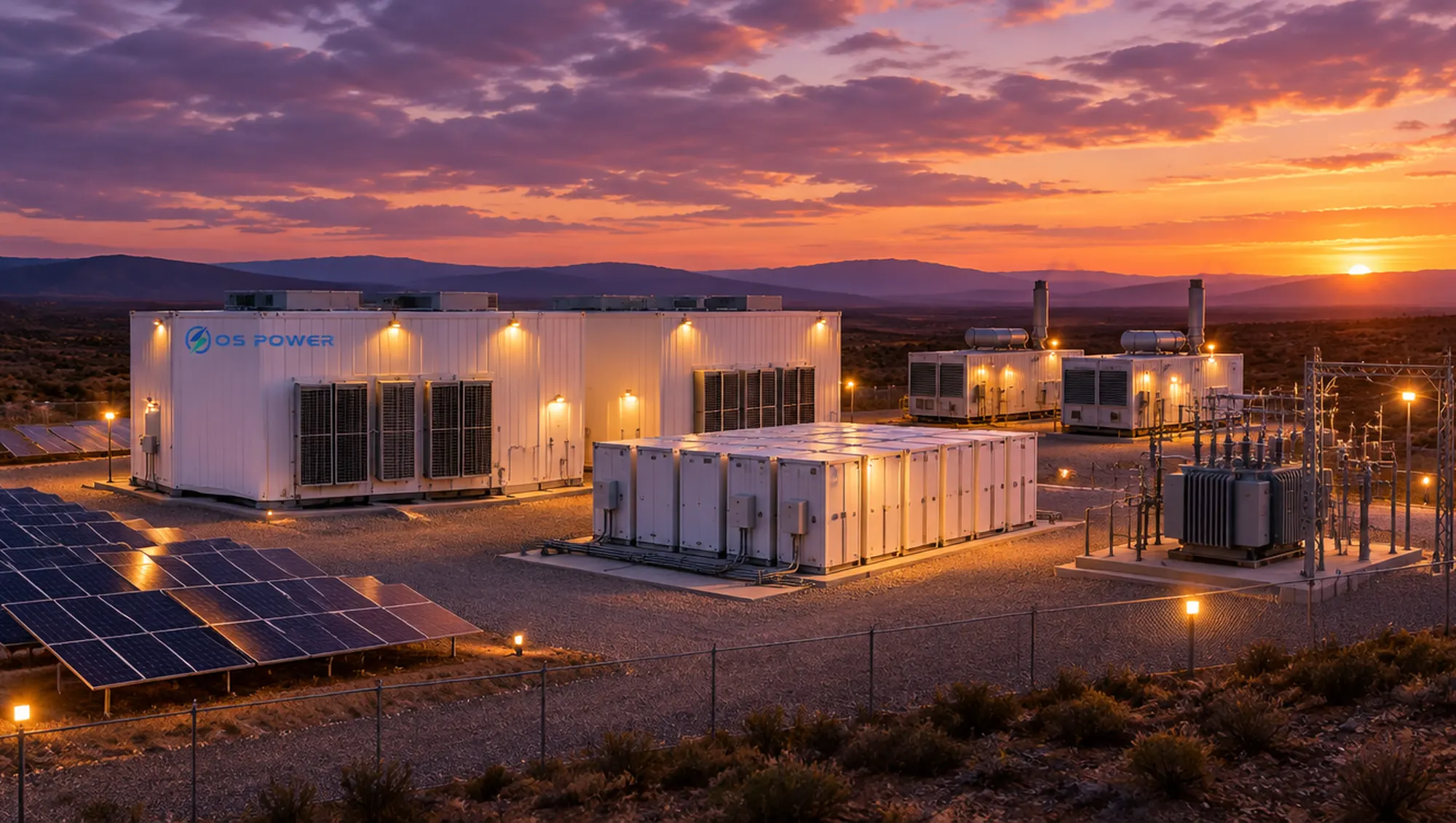 Illustration: an autonomous OS Power data center site with energy storage, gensets and a solar plant