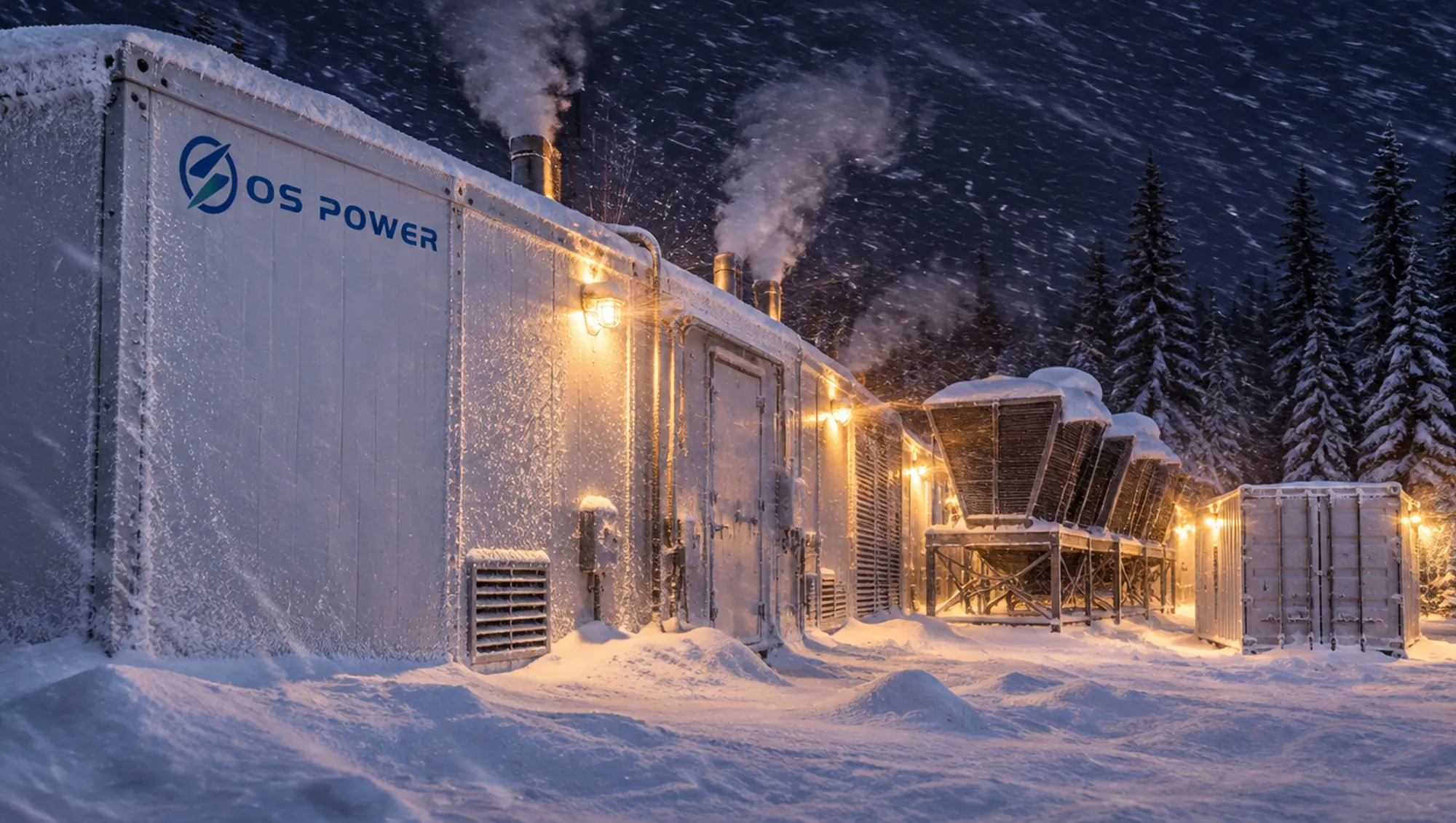 示意图：-40 °C 暴风雪中的 OS Power 模块化数据中心