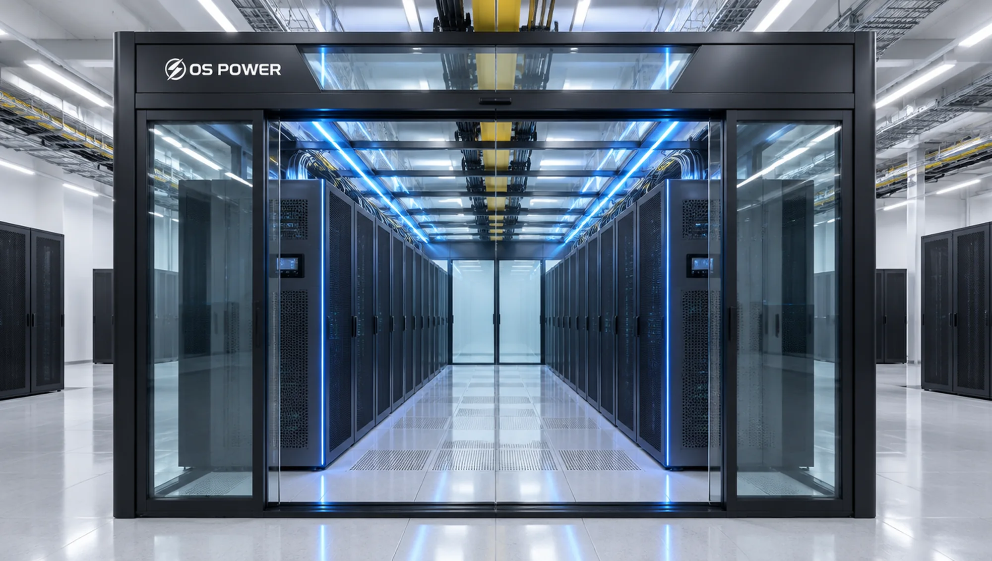 示意图：机房内带封闭冷通道的 OS Power 微模块数据中心