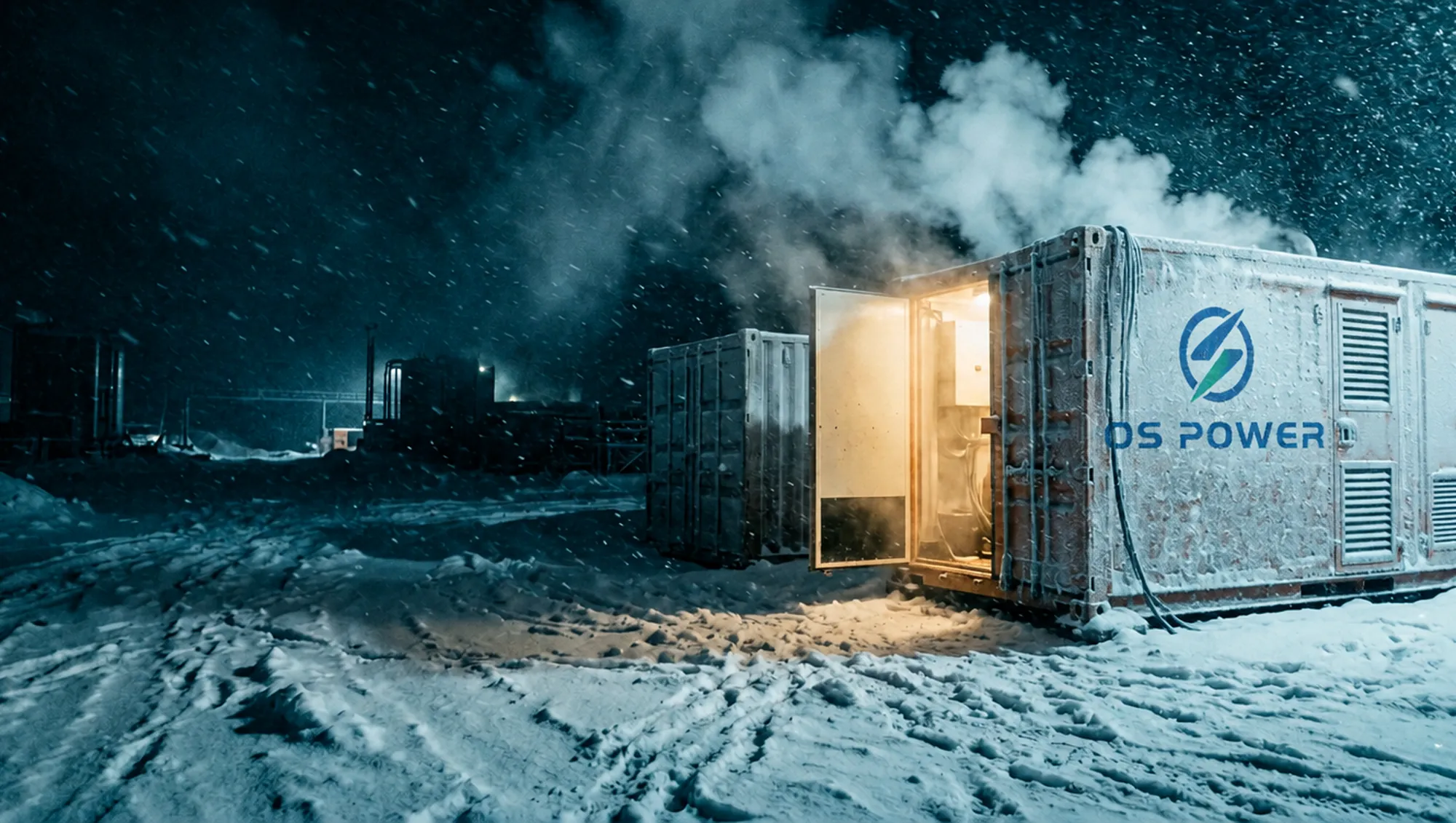 示意图：暴风雪中的 OS Power 发电机组保温集装箱
