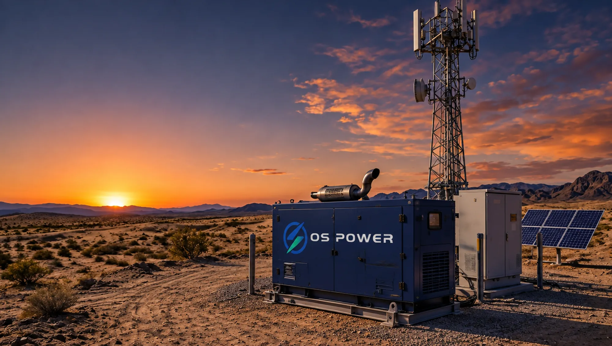 Иллюстрация: генератор OS Power, телеком-шкаф и солнечная панель у вышки в пустыне