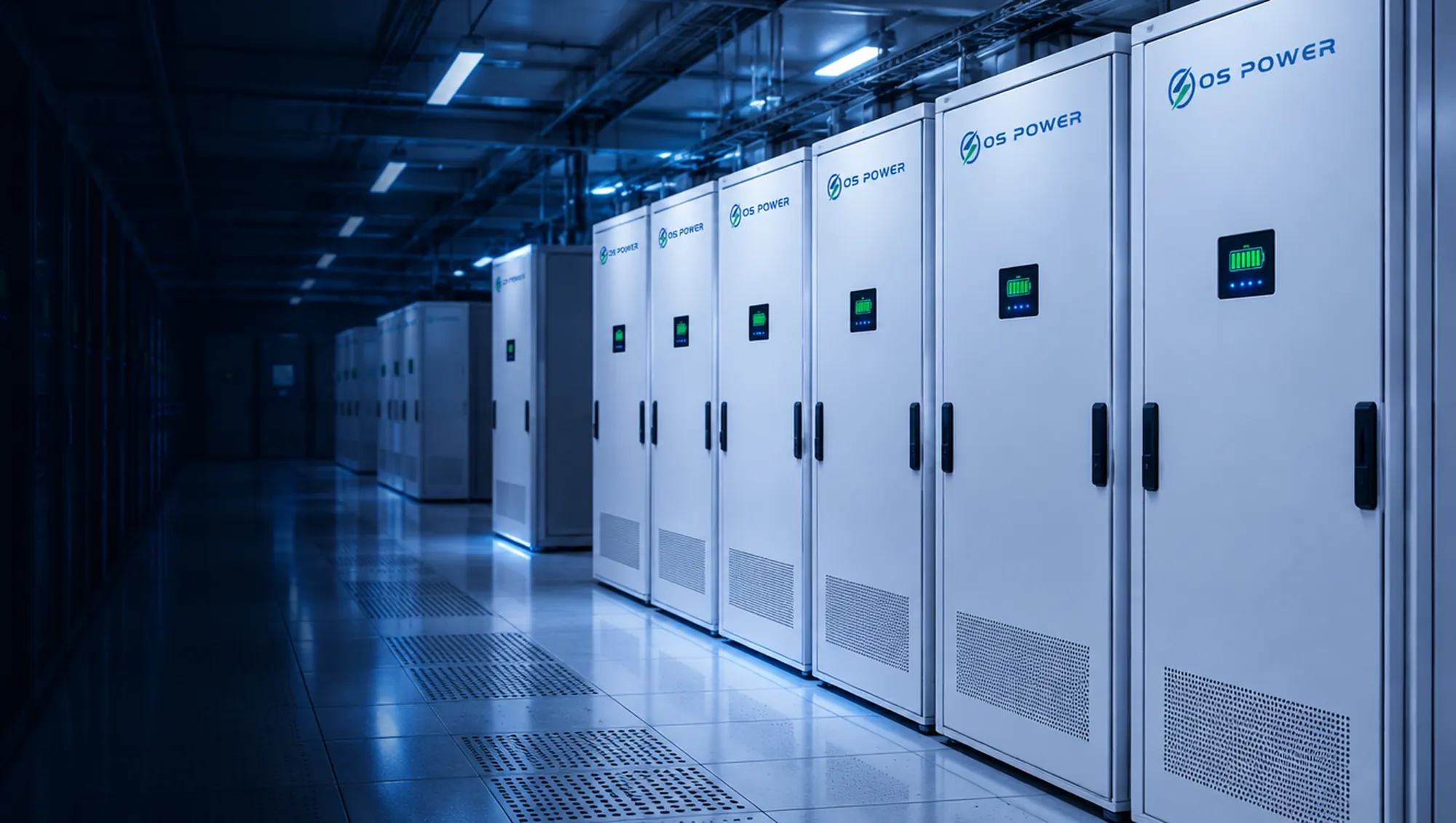 示意图：配有 OS Power 钠离子电池机架的数据中心机房