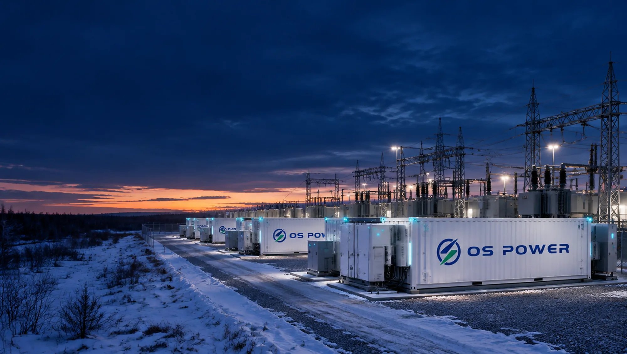 Иллюстрация: ряд контейнерных накопителей OS Power у подстанции в степи