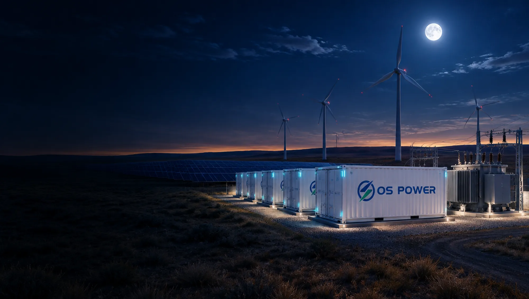 Illustration: OS Power containerized storage units next to a solar plant and wind turbines