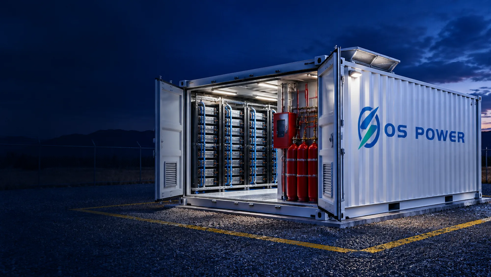 Illustration: an OS Power storage container with an open door, detectors and a fire suppression system