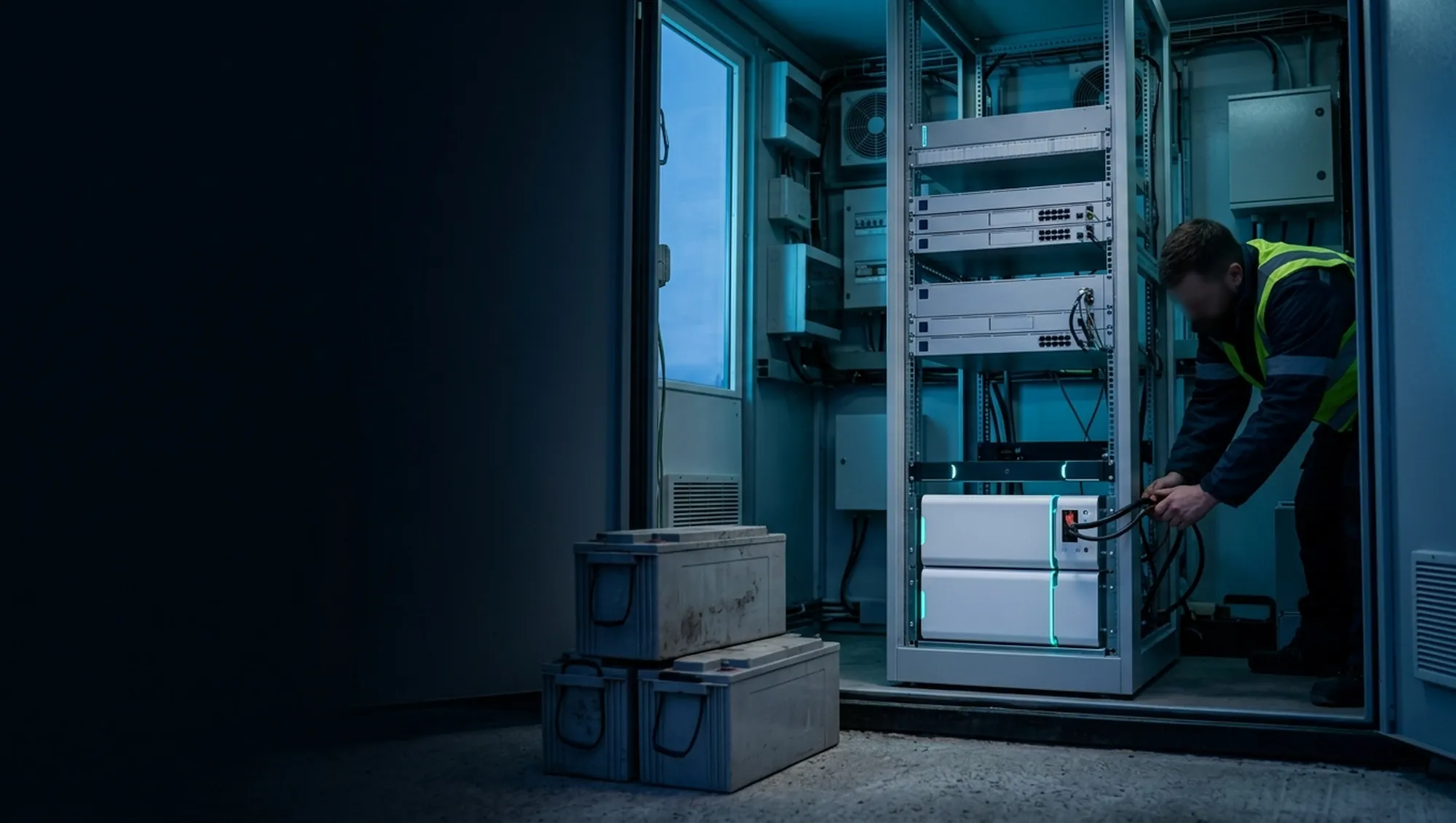 Illustration: base station rack, lead-acid batteries being replaced with compact lithium modules