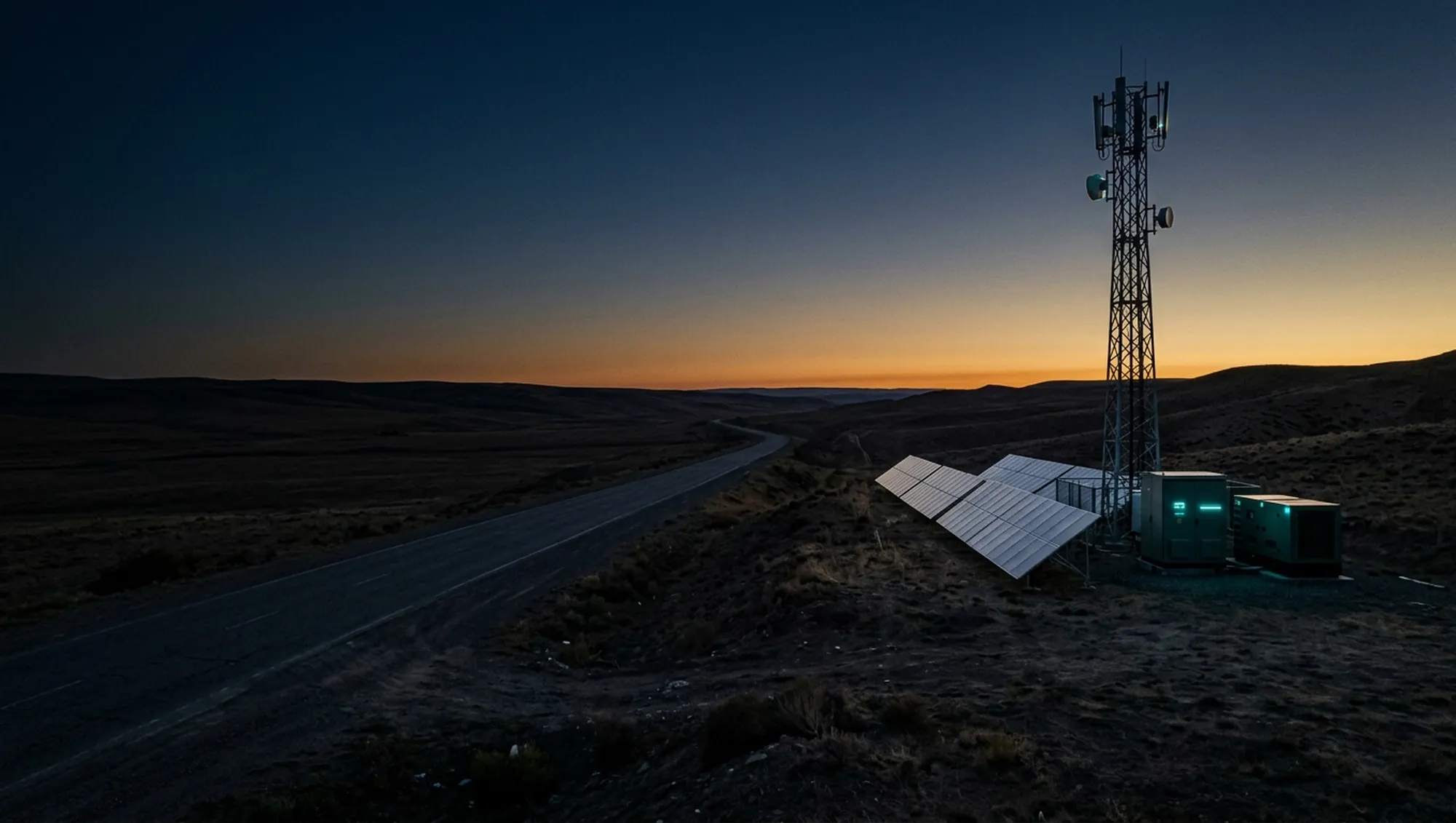 Illustration: off-grid base station with solar panels by a highway in the steppe